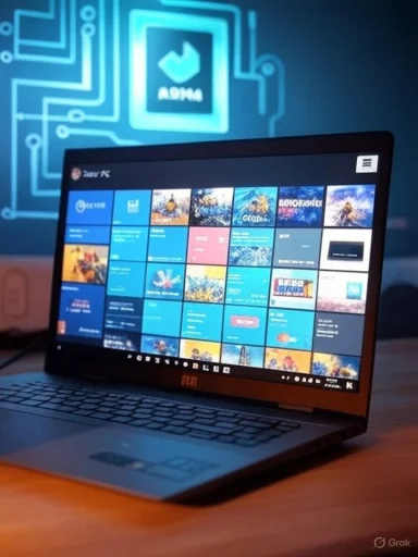 Laptop on a desk displays a Windows-style tiled UI against a glowing blue circuit-pattern backdrop.