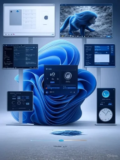Futuristic multi-screen desktop setup around a blue abstract swirl with dashboards.