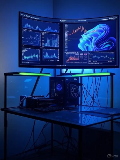 Blue-lit workstation with a curved ultrawide monitor displaying data charts above a desktop PC.