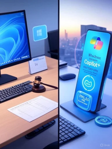 Split-screen office scene: a traditional desk with a gavel on the left and a glowing smartphone on the right.
