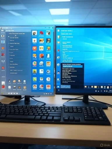 A dual-monitor workstation displaying Windows desktops with a keyboard.