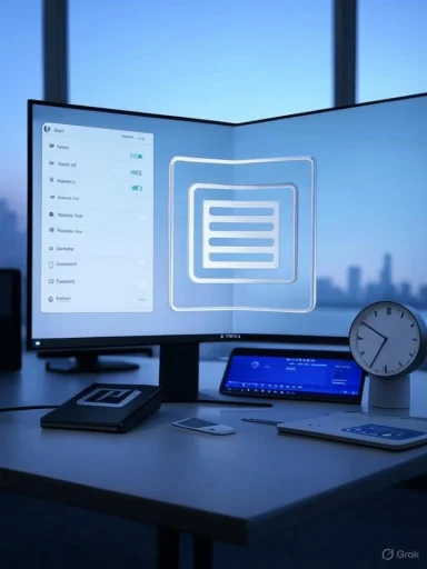 A modern workstation with a curved monitor displaying a UI, a clock, phone, and tablet.
