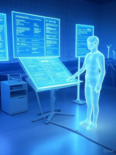A holographic person interacts with glowing blue display panels at a futuristic information kiosk.