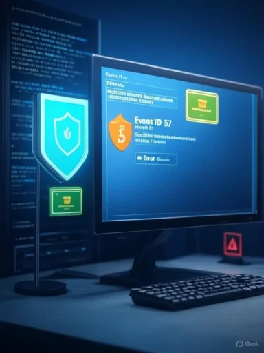 Blue-toned security dashboard on a computer screen with shield icons.