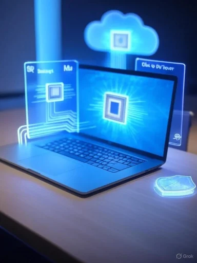 A futuristic blue holographic display surrounds a laptop, showing cloud and chip graphics.