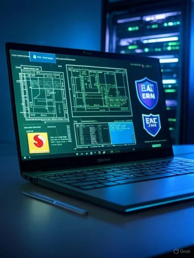 Blue-lit laptop screen displaying technical schematics and shield logos beside a server rack.