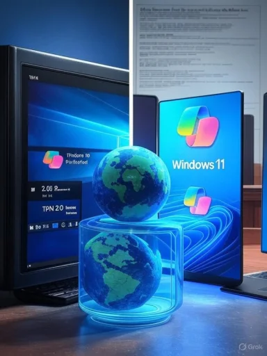 A blue globe sculpture sits on a glass pedestal beside Windows 11 screens.