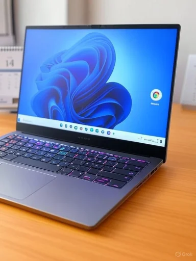 Sleek silver laptop with a blue wallpaper and purple backlit keyboard on a wooden desk.