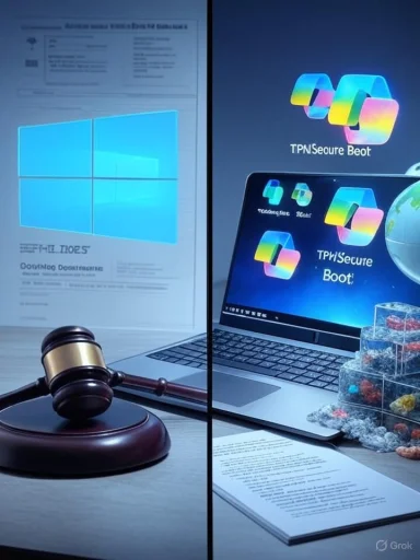 Split-screen: a judge's gavel and legal documents on the left, a laptop showing 'TPN Secure Boot' on the right.