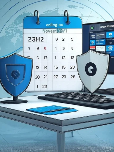 Cybersecurity themed desk featuring shields, a calendar, and a computer monitor.