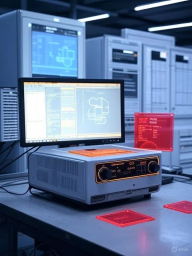 Retro lab computer and monitor displaying schematics in a server room.