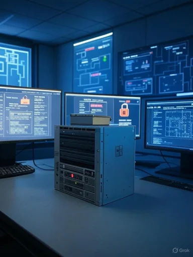 A compact server sits on a desk in a high-tech control room, surrounded by monitors displaying blue network diagrams.
