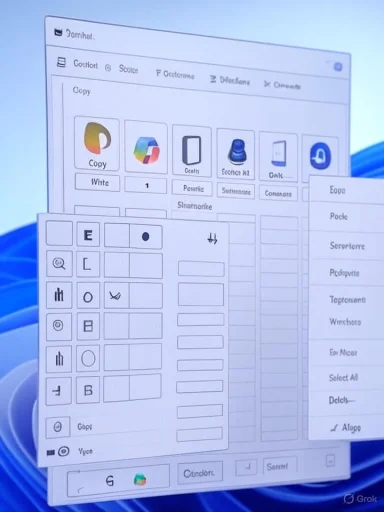 A computer screen displaying a UI design mockup with icon tiles and grid panels.