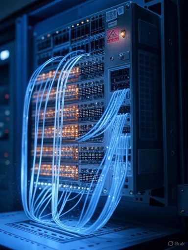A data center server rack with glowing blue cables and blinking indicator lights.