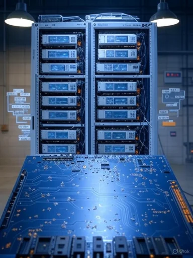 Server racks in a data center with a blue printed circuit board in the foreground.