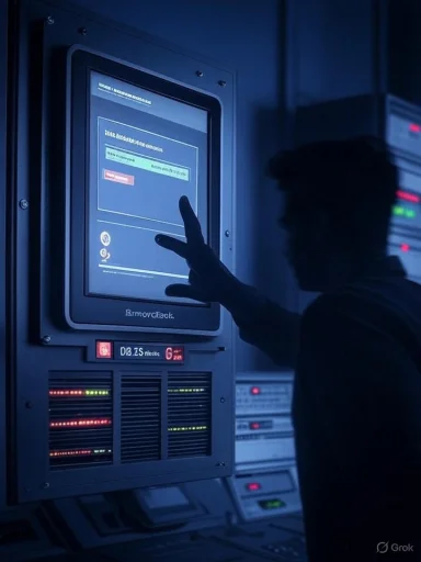 A technician in a blue-lit data center interacts with a large touchscreen console.