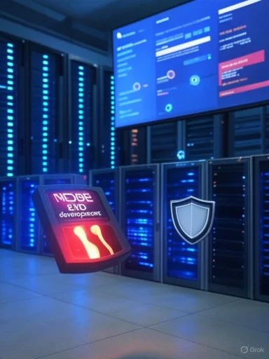 Futuristic data center with blue-lit servers and a hovering node panel.