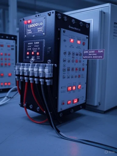 Industrial control panel with illuminated LEDs and thick cables in a lab setting.