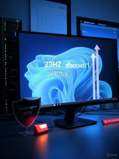 Blue-lit data center with a monitor displaying Windows 11 and a shield trophy in front.