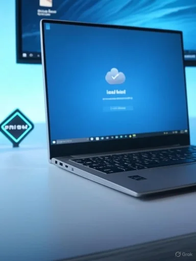 Slim silver laptop on a white desk displaying a blue cloud login screen.