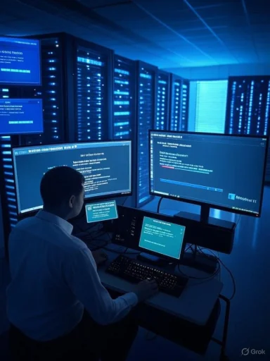 A technician works at multiple screens in a blue-lit data center filled with server racks.