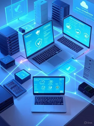 Blue-lit data center with interconnected laptops and servers.