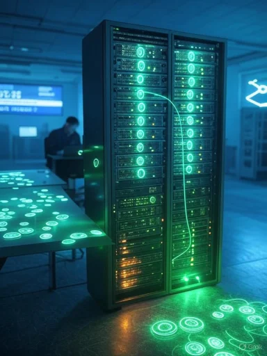 Futuristic data center with green-lit server racks and glowing circular patterns on the table.