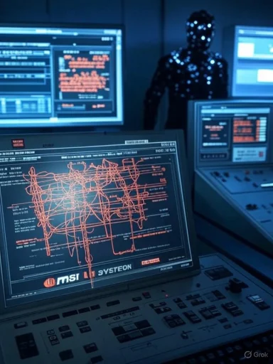 Futuristic control room with red schematic screens and a glowing, dotted humanoid figure in the background.