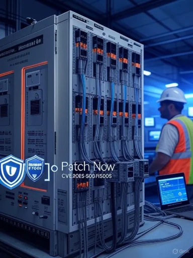 A data center with a technician near a bank of glowing server racks and cables.