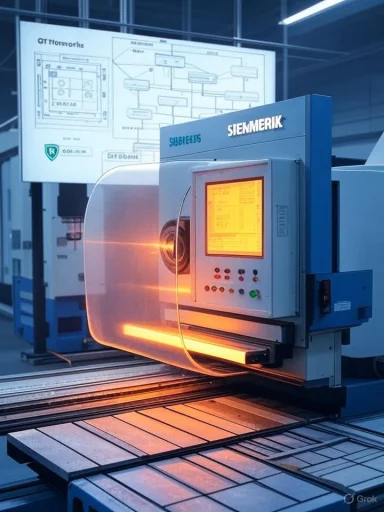Industrial CNC machine with a glowing orange interior in a factory.