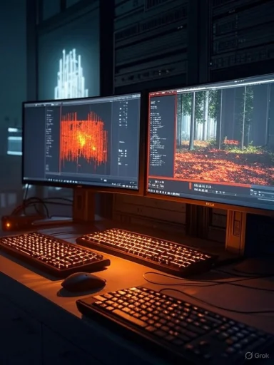 Dimly lit workstation with dual monitors rendering a forest scene and data visuals.
