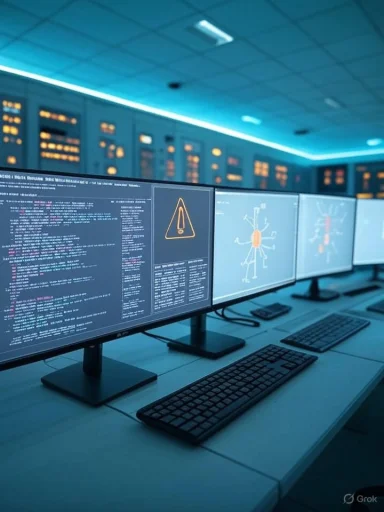 Blue-lit data center with a row of monitors displaying code and a warning symbol.