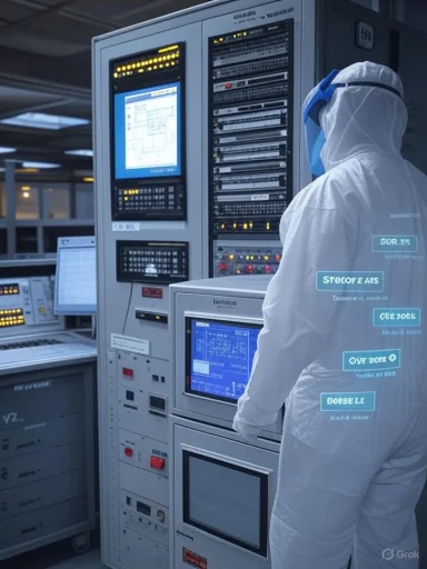 A technician in a full cleanroom suit operates a large mainframe rack in a data center.
