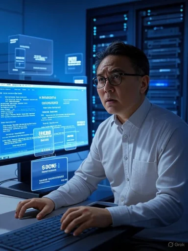 A man in a white shirt sits at a computer in a server room, surrounded by blue holographic data screens.