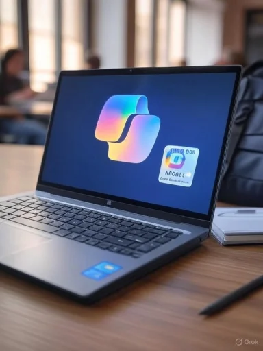 A sleek laptop on a wooden desk in a bright room, showing a colorful abstract logo on its screen.