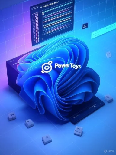 Blue 3D sculpture of the PowerToys logo on a futuristic grid backdrop.