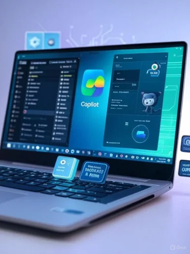 A laptop screen displays a futuristic Copilot interface with colorful dashboard widgets.