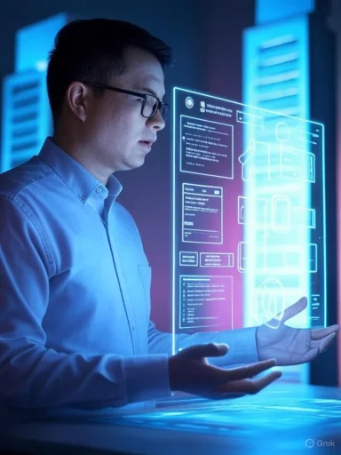 A man in glasses studies a glowing holographic data display.