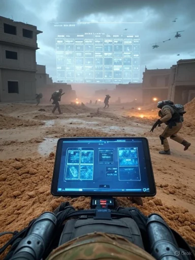 Soldiers forge through a dusty ruined street beneath a hovering holographic display as drones sweep the sky.