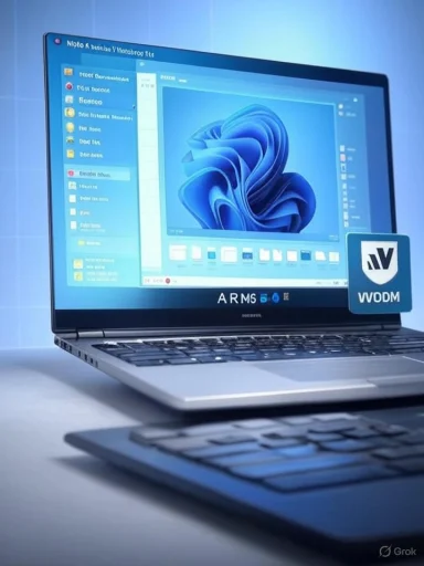 A sleek laptop shows a blue Windows-like desktop, with a blue VVODM badge in front.