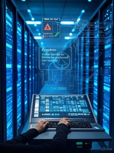 A person uses a futuristic laptop in a blue-lit data center with holographic screens.