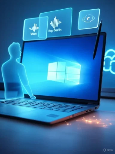 A blue-glow laptop with floating holographic UI panels and a translucent figure nearby.