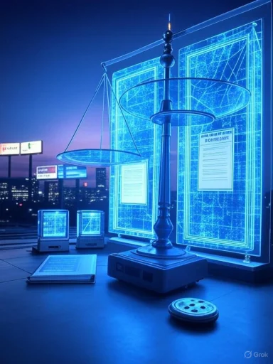 A futuristic blue holographic scales of justice amid digital displays.
