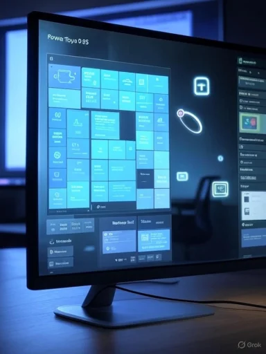 Curved monitor on a desk displaying a blue tile-based dashboard/interface.