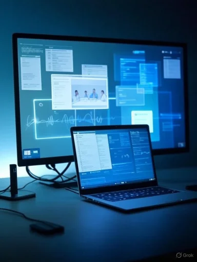 A laptop connected to a large monitor shows multiple floating windows in a blue-lit tech setup.