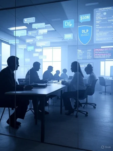 Team members in a glass-walled conference room, surrounded by floating holographic chat bubbles.