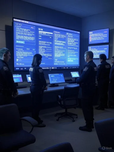 Police officers in a high-tech command center monitor blue-lit screens.