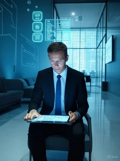 A businessman in a suit uses a tablet in a blue-lit futuristic office with holographic data panels.