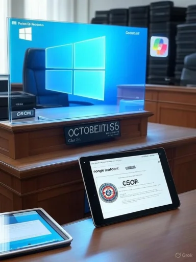 A large Windows 11 screen on a wooden podium, with tablets displaying documents.