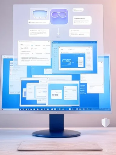 A monitor displays a chaotic stack of overlapping blue windows on the desktop.